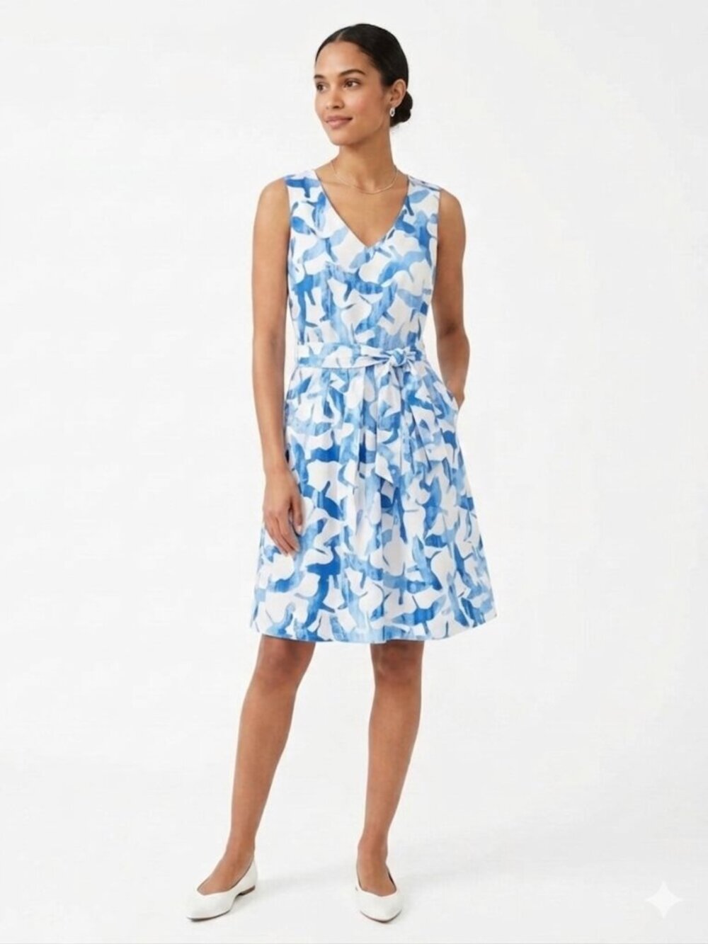 LL Bean Signature Crane Print Cotton Poplin Fit and Flare Dress- Sz. 2